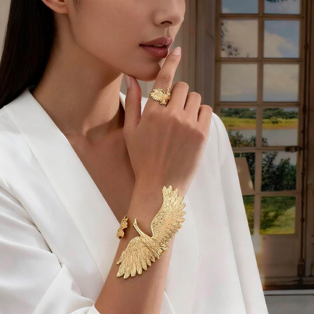 Chunky Gold Bracelet Ring Set for Women, Thick Gold Bangle and Ring Set Non Tarnish Party Trendy Wide Statement Accessories Jewelry Gifts for Women - Image 3