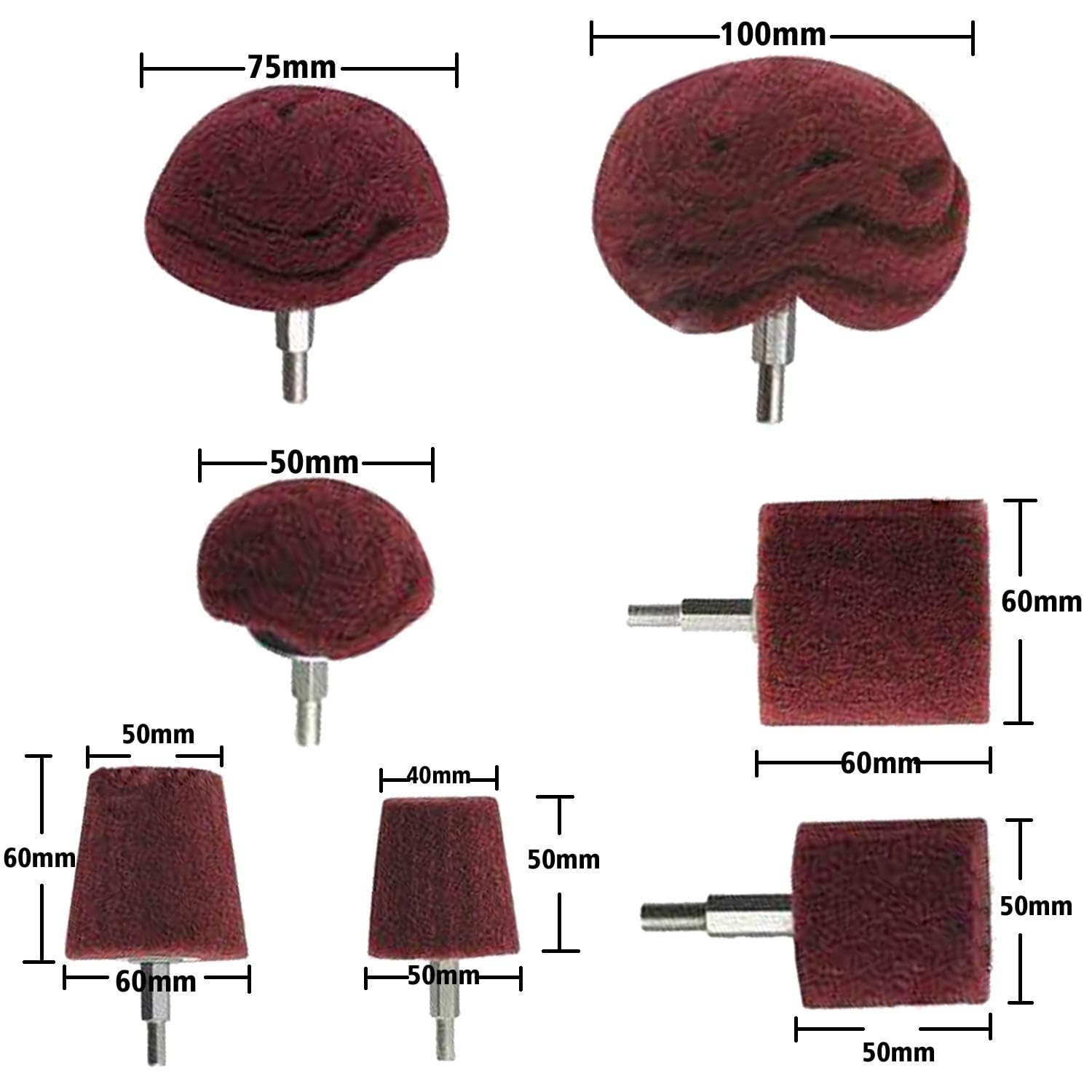 Schleifkopf zum Polieren bürsten geformter Scheuerschwamm – 7-teiliges rotes Vlies-Schleifbohrer-Set mit 1/4-Zoll-Griff für Krümmer/Aluminium/Edelstahl/Chrom usw