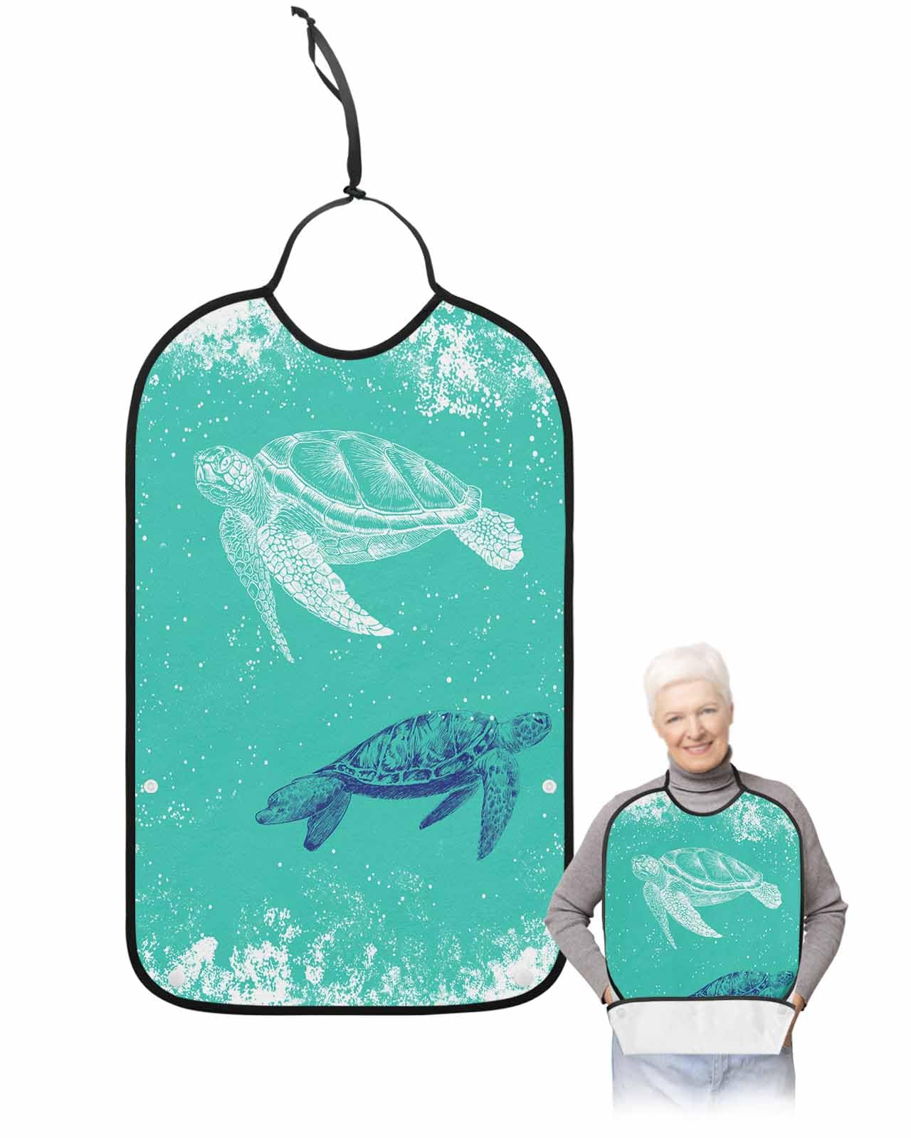 LEOKOTI Sea Turtle Adult Bibs for Eating, Waterproof Bibs with Food Catcher & Adjustable Snap Closure, Teal Coastal Nautical Summer Beach Washable Clothing Protectors Adult Bibs for Elderly Women/Men