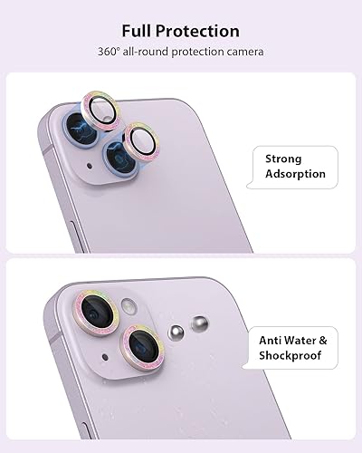 Miniatura 4 de Paquete de 2+1 Compatible con iPhone 14 y iPhone 14 Plus, protector de lente de cámara con purpurina, bandeja automática, aleación de aluminio más