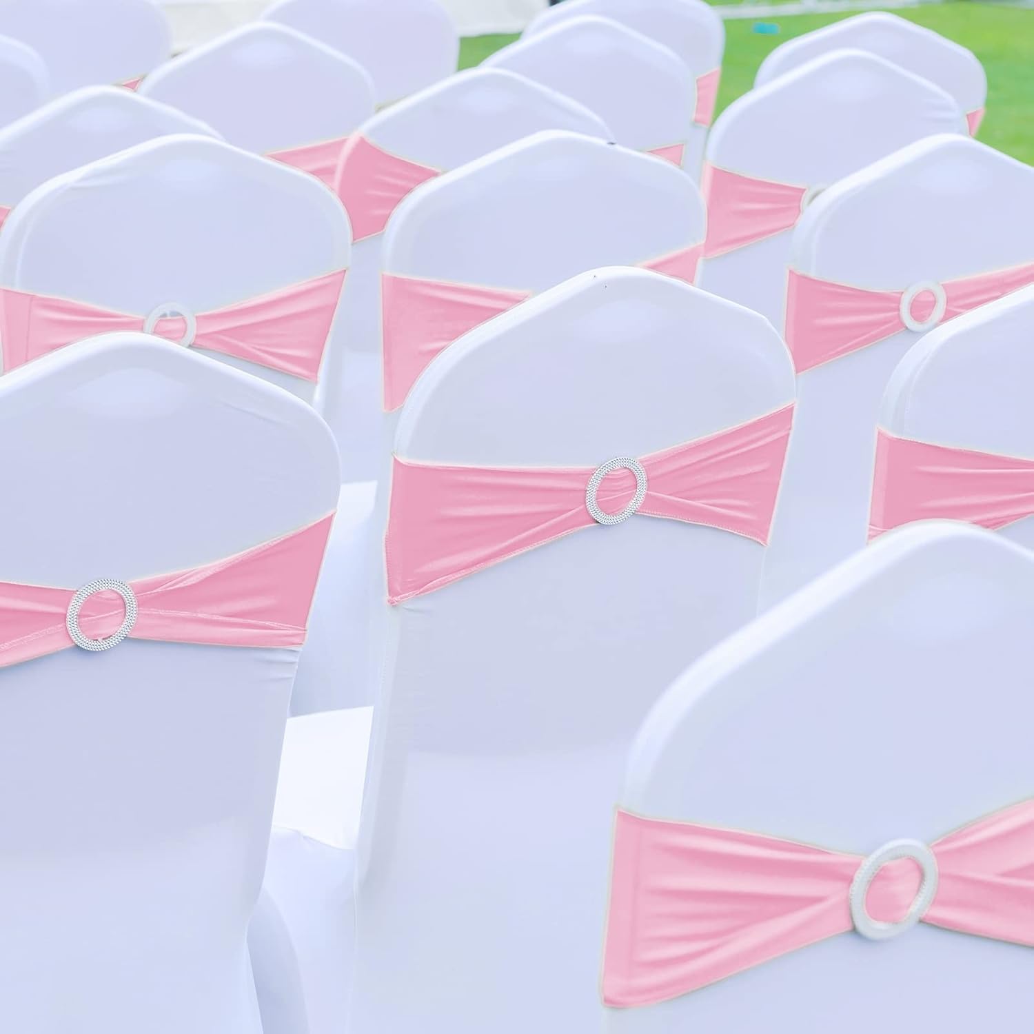 Tegeme 80 Pieces Chair Sashes & Bows - Stretch Spandex Chair Cover Band with Buckle for Wedding, Hotel Banquet, Birthday Party & Home Bulk Decorations(Pink)