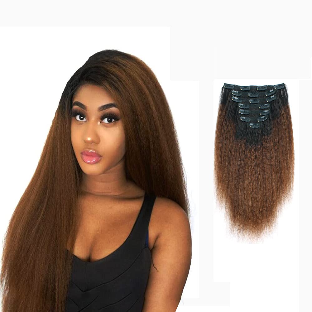 ABH AMAZINGBEAUTY HAIRs Straight Ombre Clip-in Hair Extensions Double Weft Remy Human Hair for Black Women, Natural Black Fading into Chocolate Brown, 7 Pieces, 120 Grams, KS TN-4, 12 Inch