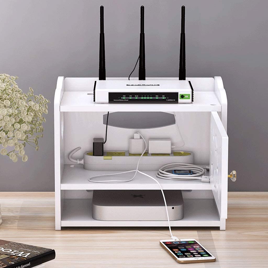 ❀❀❀Wifi-Router-Regal,Desktop-Deko-Box, Aufbewahrungsbox for kabellose Router – weiße WLAN-Router-Aufbewahrungsbox, kreative Netzkabel-Finishing-Box, Holz-Kunststoffplatte, Set-Top-Box-Rack, doppeltes