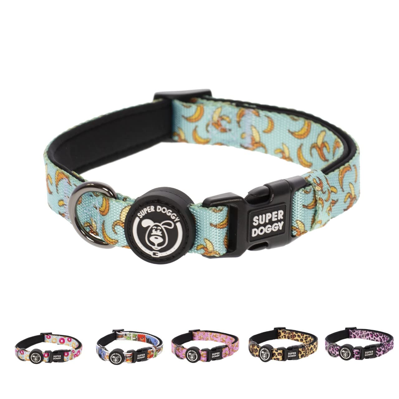 SUPER DOGGY Collar Perro Pequeño, Mediano y Grande - Collar Nylon Ajustable y Acolchado con Diseños de Moda - para Paseo, Entrenamiento y Correr - Ligero y Resistente