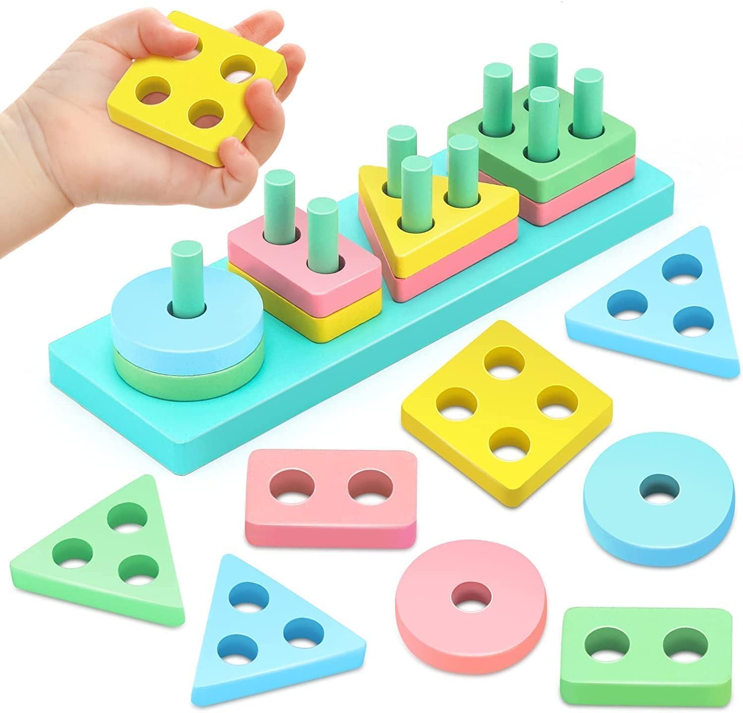 SHINETOY ENTERTAIN KIDS Montessori Toys for 1-3 Year Old Boys Girls Toddlers, Wooden Sorting & Stacking Toys for Kids Preschool, Educational Building Blocks, Color Recognition Stacker Shape, 16 pcs-picture-21