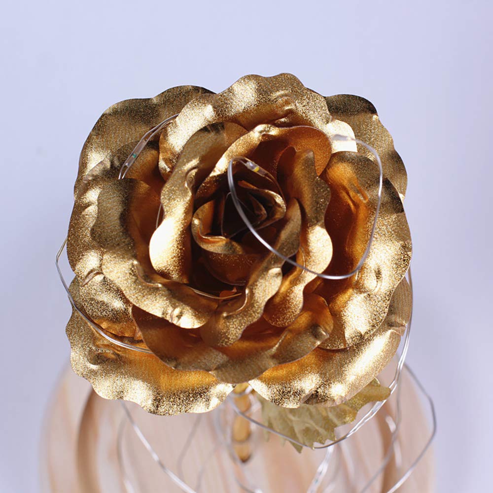 Rosa In Vetro Con Luci LED 20 Luci Calde - Cupola Di Vetro Con Base Legno E Rosa Placcata Oro 24K - TINYOUTH