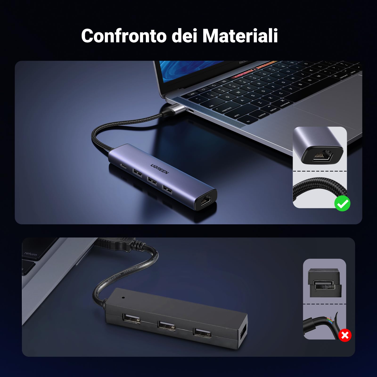 UGREEN Hub USB 3.0 Ethernet in Alluminio con Porta Alimentazione USB C 5V/2A Cavo di Nylon USB 3.0 Ethernet Gigabit Adattatore Ethernet USB a 1000Mbps Plug & Play su Windows 11 10 8 MacOS