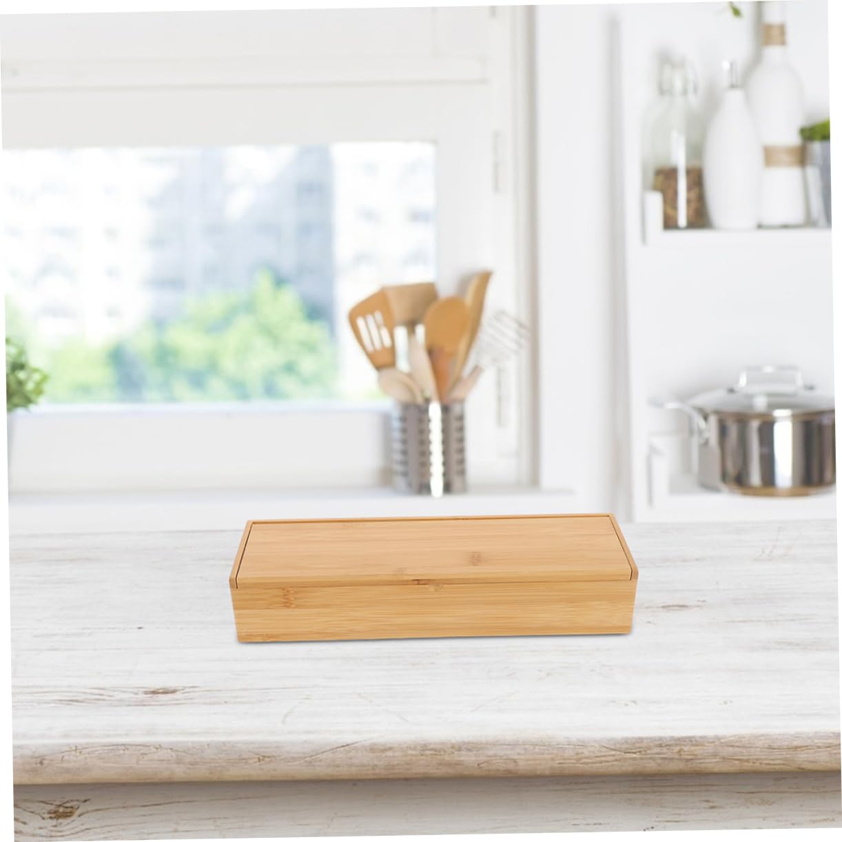 Organizador de Bambú para Cubiertos con Tapa, 2 Piezas, Diseño Elegante y Fácil de Transportar, Adecuado para Cajones y Restaurantes