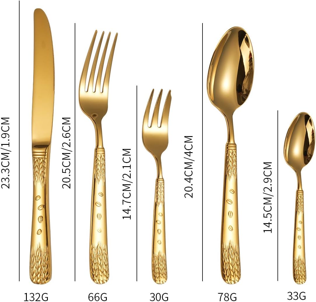 80 Pieces Flatware Gold Silverware Set for 16 Luxury Beautifully Ears of Wheat Handle Elegant Tableware 18/10 Stainless Steel Cutlery Utensil Sets for Home Restaurant Mirror Finish Dishwasher Safe
