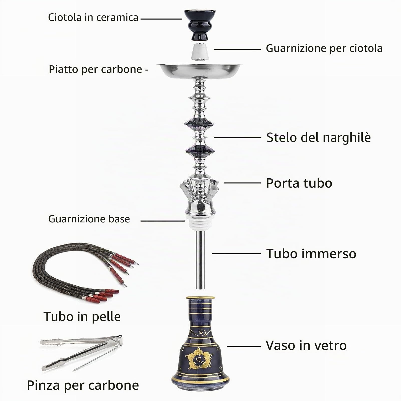 Set Narghilè 21,6" Con 4 Tubi Flessibili In Vetro - Kit Shisha Premium Facile Da Smontare E Pulire