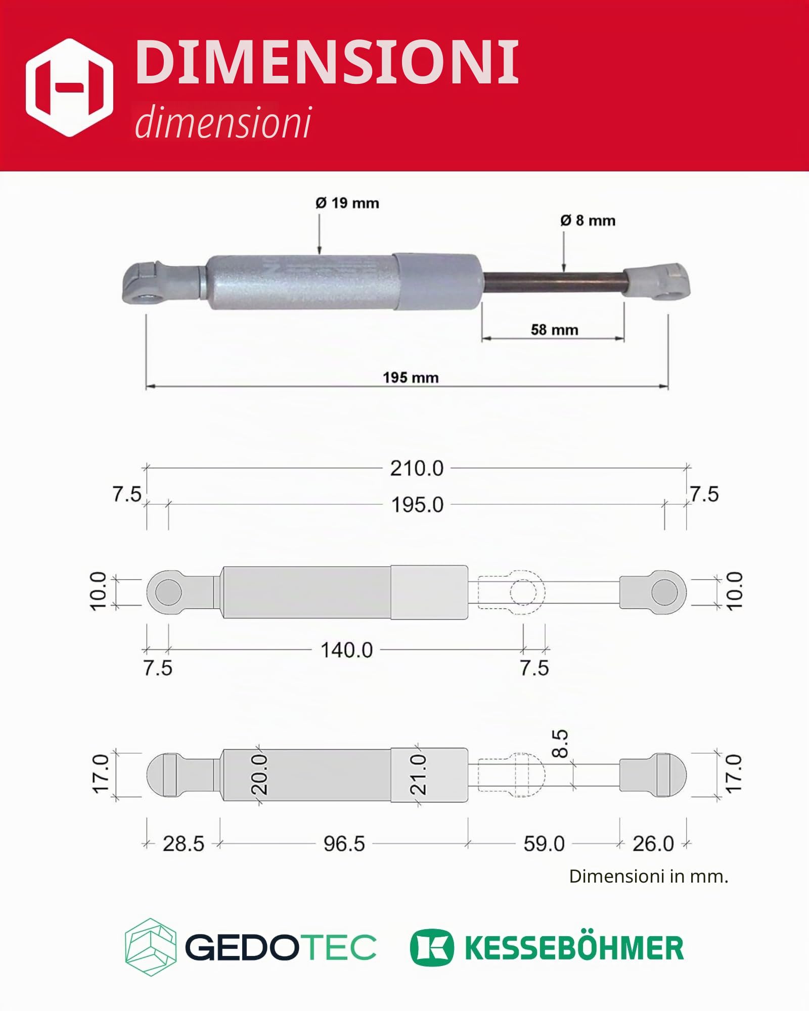 Gedotec 2x molla a gas 600N - Ammortizzatore a gas Kesseböhmer per ferramenta ribaltabile HSB - Ammortizzatore per sportello, anta armadio e mobile da cucina, molla a compressione con istruzioni