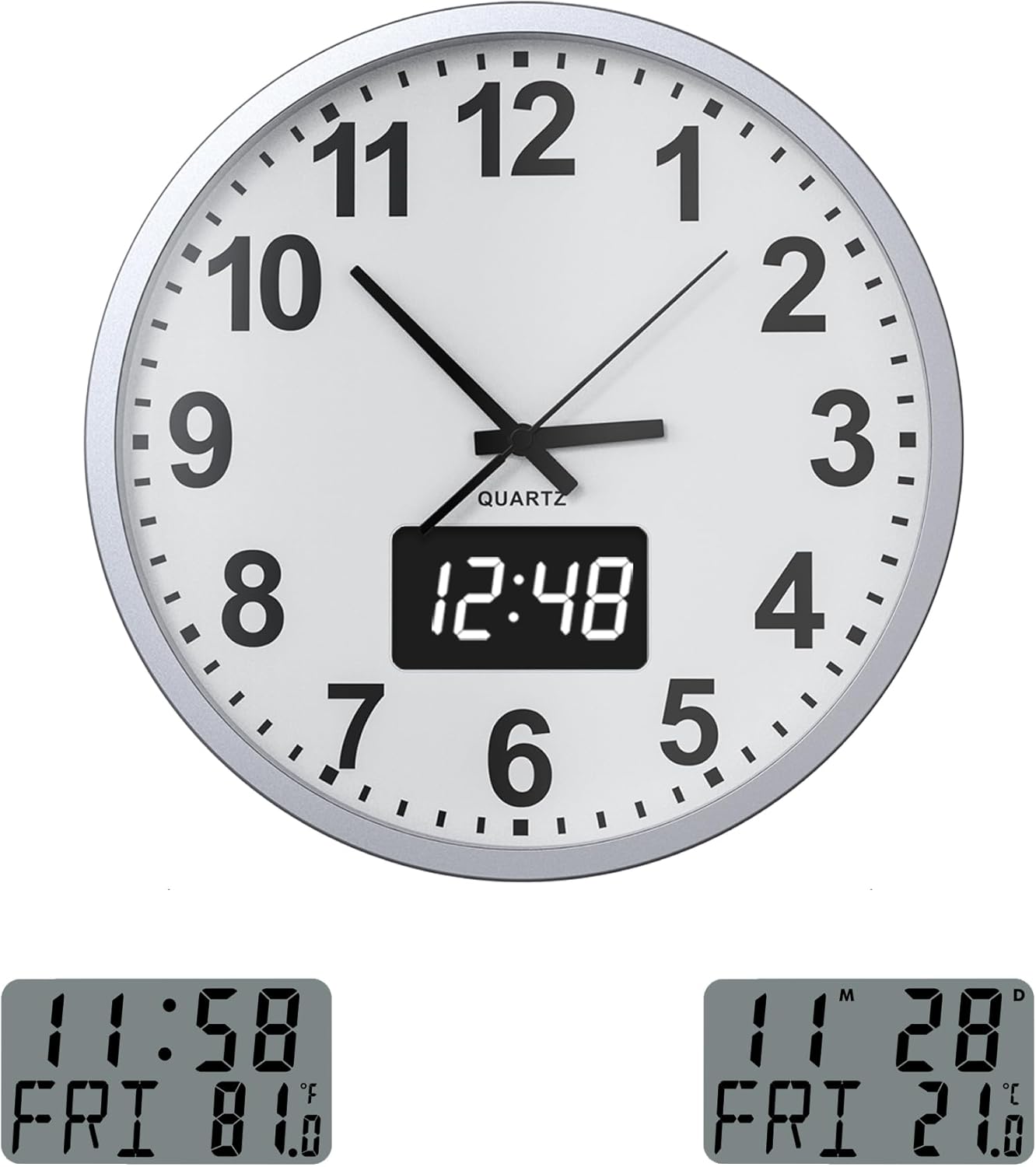 KWANWA Metal Silent Wall Clock With Temperature Week,NonTicking