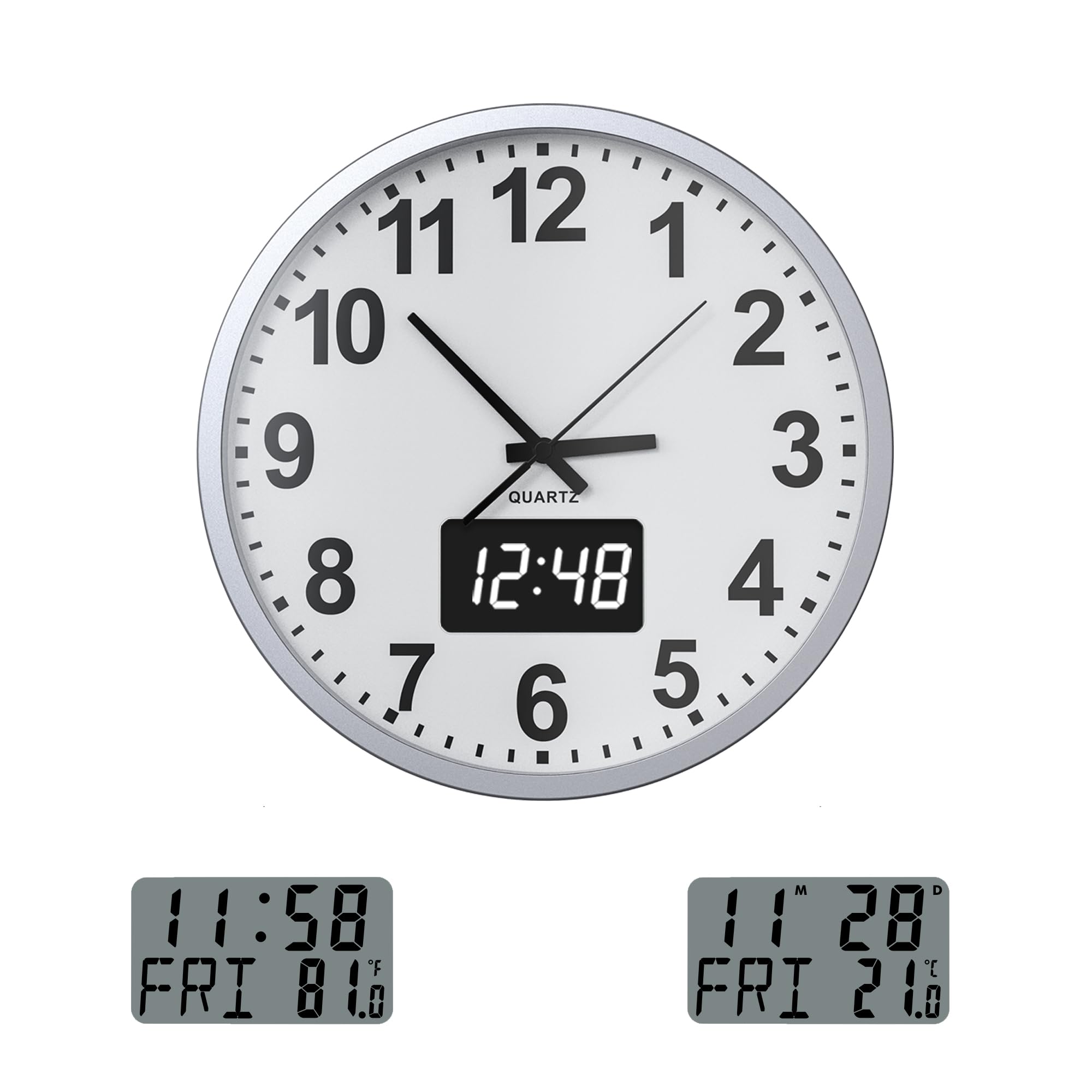 KWANWA Reloj de pared digital, silencioso, LED, calendario, temperatura | Reloj de pared analógico+digital, barrido silencioso, sensor de luz (LCD/LED), fecha, temperatura, batería AA