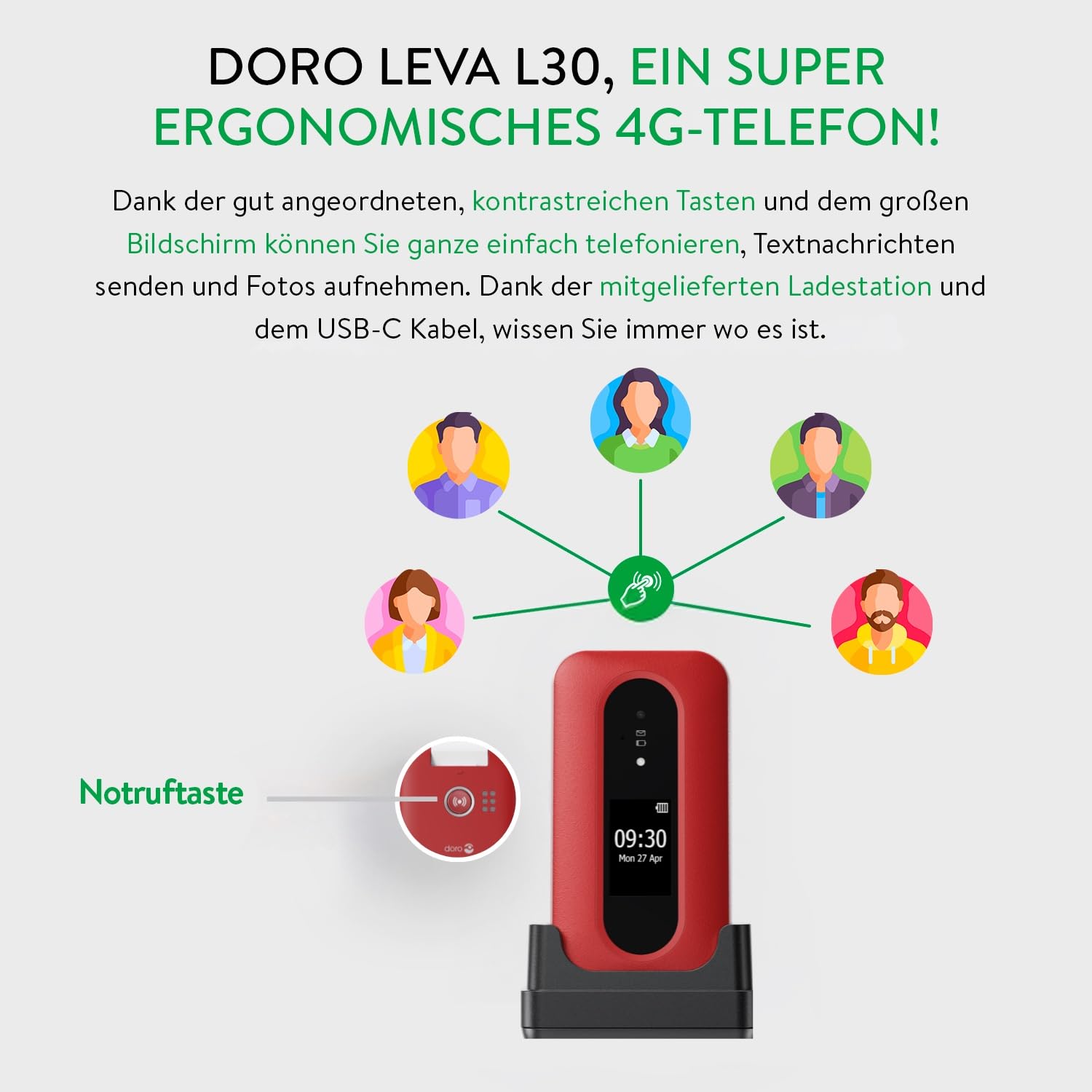 Doro - Leva L30 - Seniorenhandy - 4G-Klapphandy ohne Vertrag - Externes Display - HD-Audioqualität - Kamera - Notruftaste mit GPS - Inklusive Ladestation - Rot/Weiß