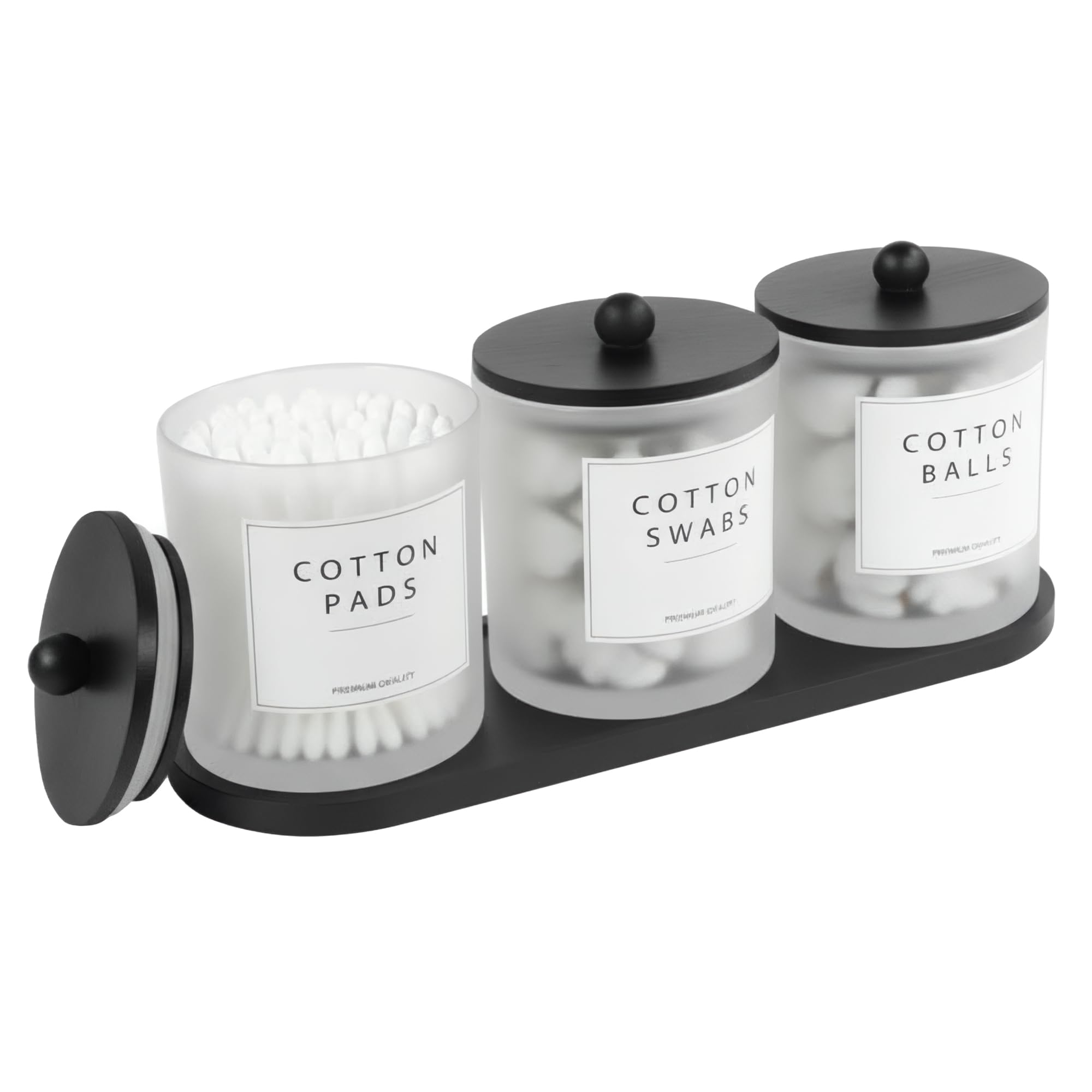 3 Pack Cotton Bud Holder Dispenser - Glass Apothecary Jars with Bamboo Lids, Cotton Ball Pad Round Holder, Floss Pick Containers, Bathroom Organisers with Tray & 14 Labels - Frosted Clear