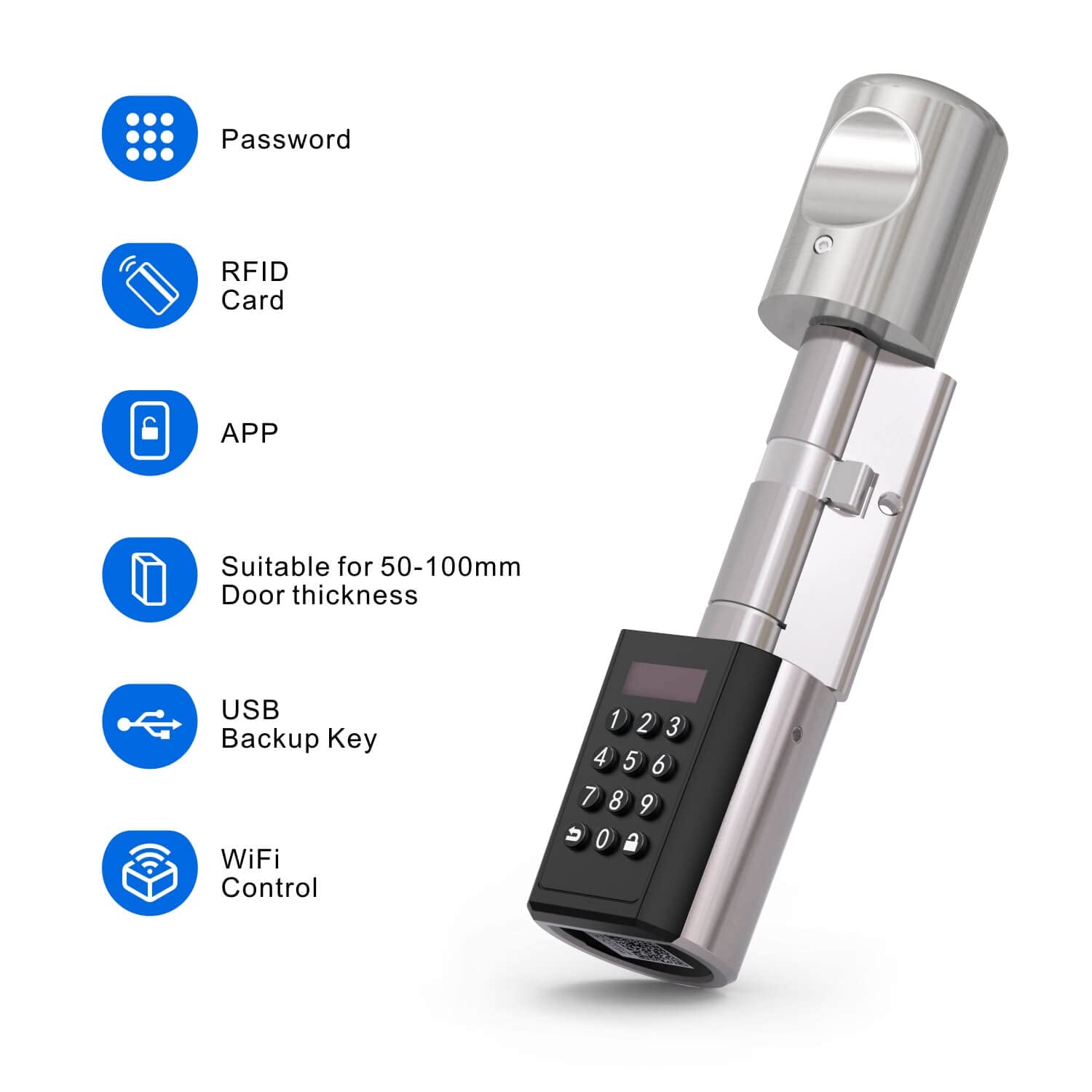 WELOCK PCB41 serratura smart con password, cilindro europeo regolabile da 50 a 100 mm con Bluetooth, password, scheda RFID, pulsante e WIFIBOX per l'accesso remoto allo sblocco (Argento, PCB41)