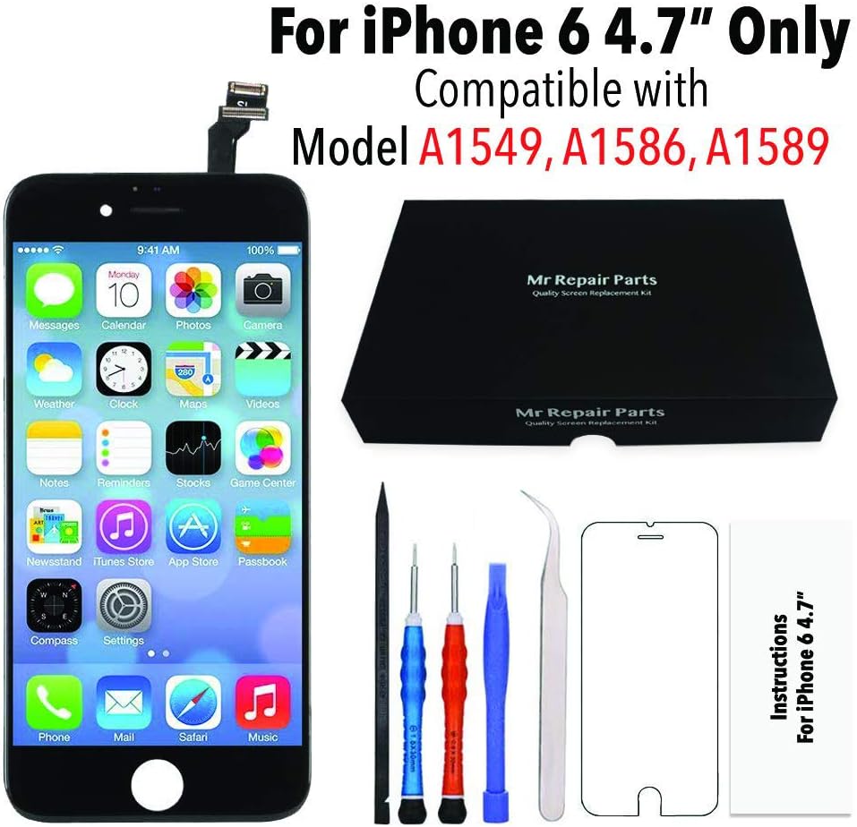 Mr Repair Parts iPhone 6 Black 4.7" Premium Quality LCD 3D Touch Screen Replacement Display Digitizer Assembly + Repair Tools + Tempered Glass Screen Protector Compatible Models A1549, A1586, A1589