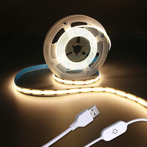 UVTaoYuan Led Strip Lights 5V USB 6.56ft/2m 640LEDs Touch stepless Dimmable COB LED Strip Light 3000K Warm White 10W/6.56ft Flexible led Lights for Bedroom Kitchen, DIY Lighting Room Decor led Lights