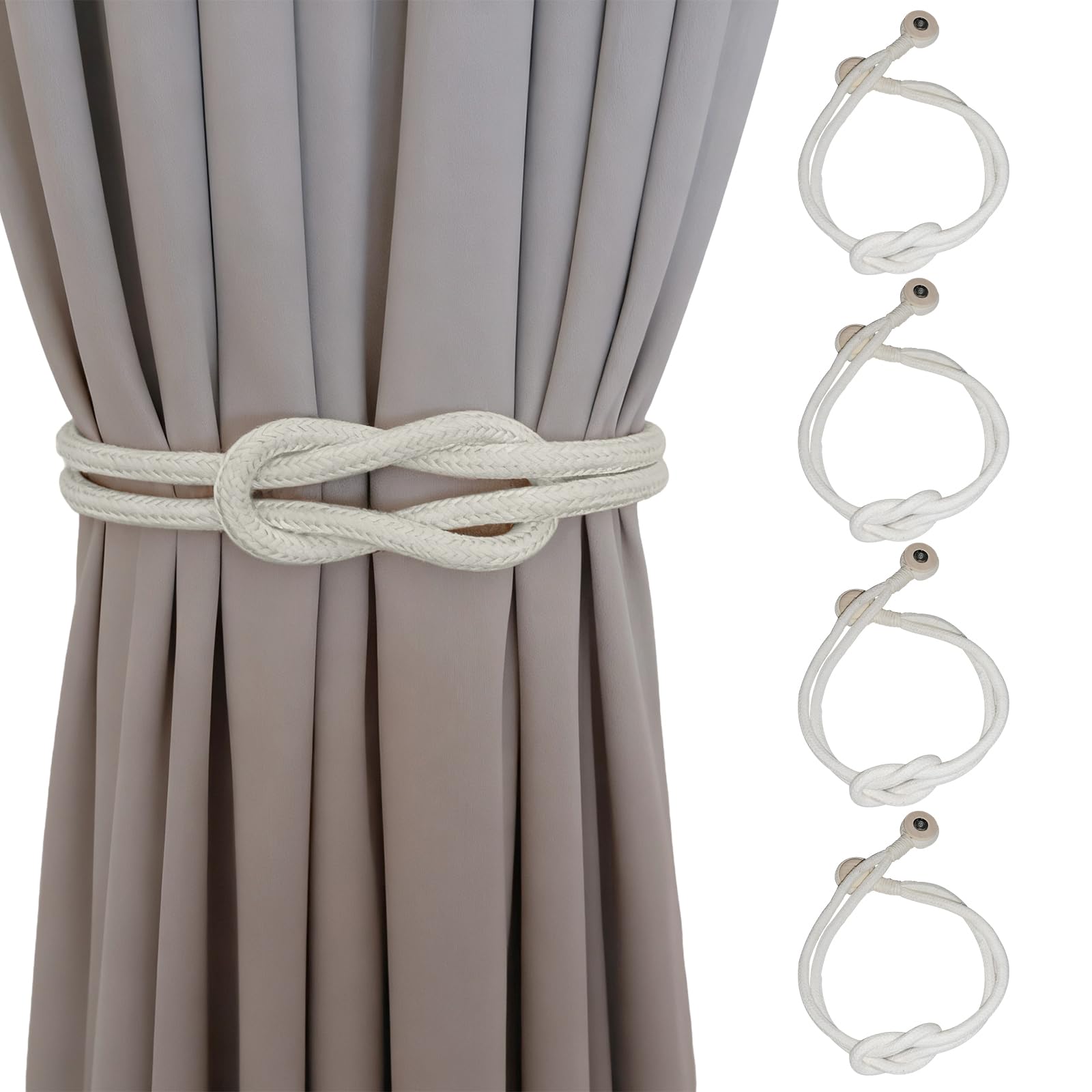 COGVOHY 4Pcs Magnetic Curtain Tiebacks, Natural Cotton Rope Magnetic Curtain Tiebacks, Modern Simple Style Drape Tie Backs, for Home Bedroom Office Window Drapery (Beige)