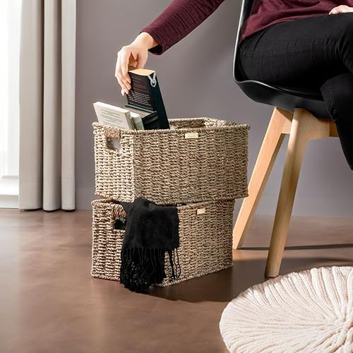 Miniatura 2 de ADO Basics Canastas de mimbre de hierba marina para organizar con asas integradas, longitud 13 pulgadas, ancho 8.3 pulgadas, altura 7.1 pulgadas,