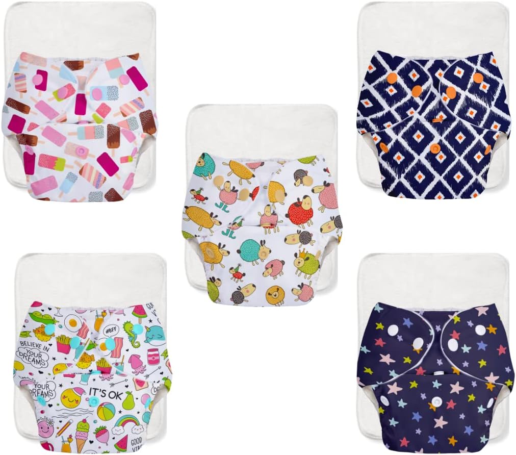 superbottomsBASIC EASY - Cloth Diapers+ Inserts - Freesize Adjustable and Reusable Cloth Diaper for babies 0-3 Years | With quick drying prefold style soaker-Assorted