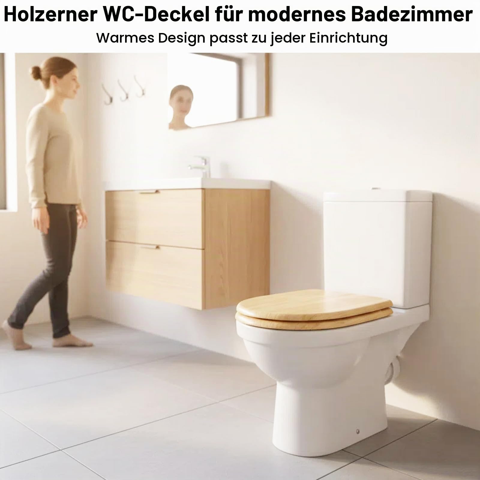 WC-Deckel aus Holz mit Absenkautomatik, D-förmiger WC-Sitz, einfache Montage(Von unten installieren), passend für die meisten WCs, Tragkraft bis 150 kg (Klein)