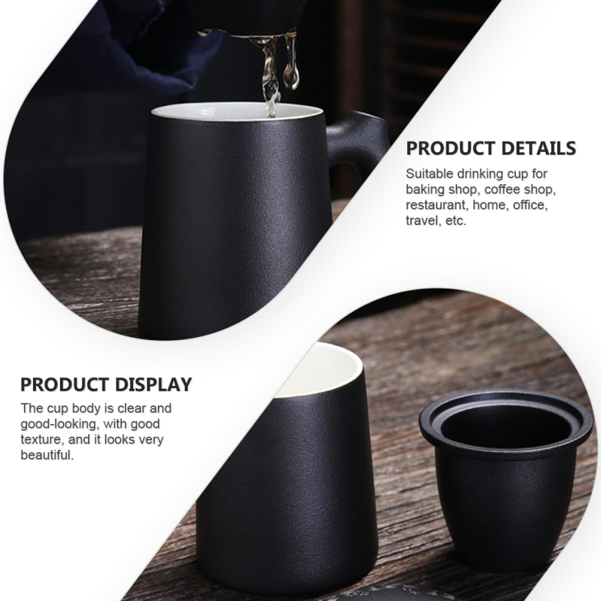 Tasse à thé en céramique avec filtre et couvercle, tasse de bureau personnelle noire pour séparation du thé, tasse à eau et à lait en porcelaine 350 ml adaptée pour l'infusion de feuilles en