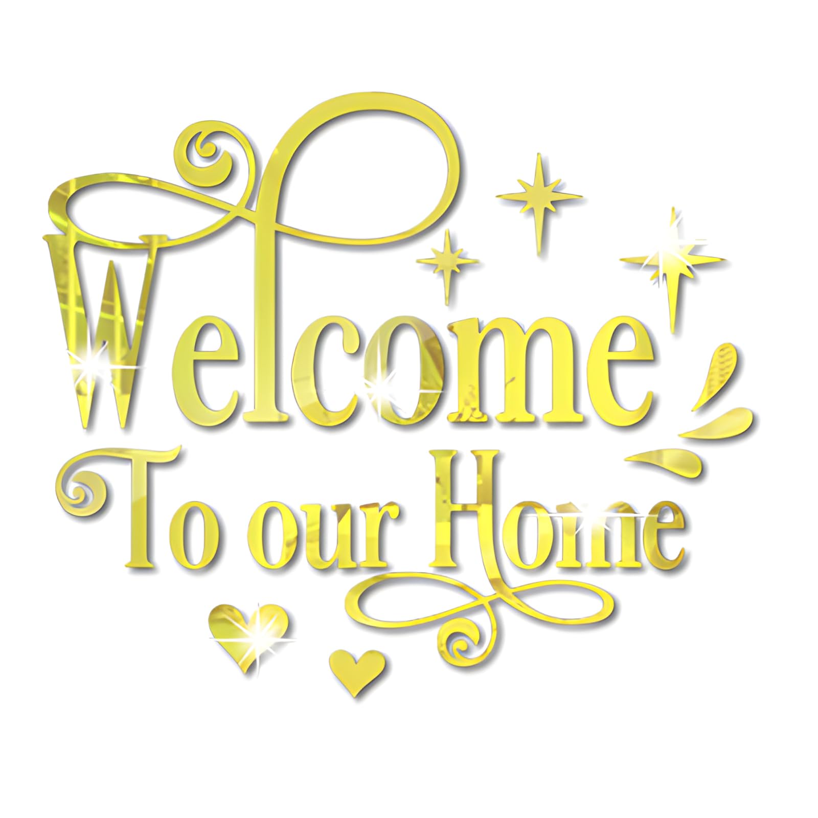 Welcome to Our Home Wall Decor Sticker, Home Acrylic 3D Mirror Wall Decal, Removable Art Letter Sign, Wall Door Quote Decoration DIY for Living Room Bedroom Sofa TV Background (Gold)