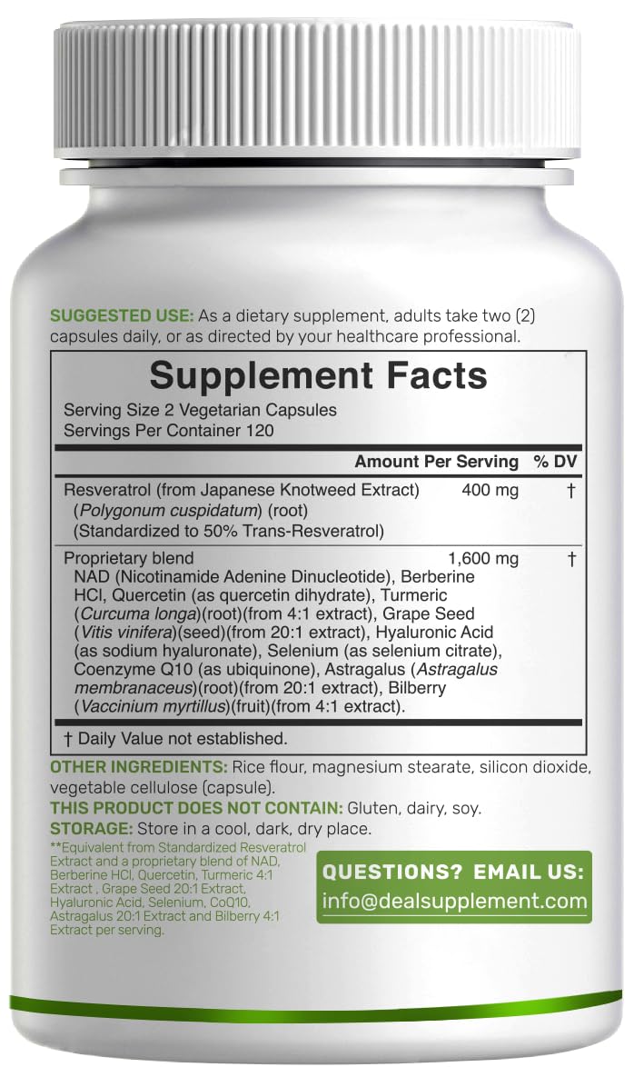 DEAL SUPPLEMENT Resveratrol Complex, 240 Veggie Capsules – Trans-Resveratrol Supplement with NAD, Quercetin, Turmeric, CoQ10, & More | Non-GMO, Gluten Free — Amazon image 6