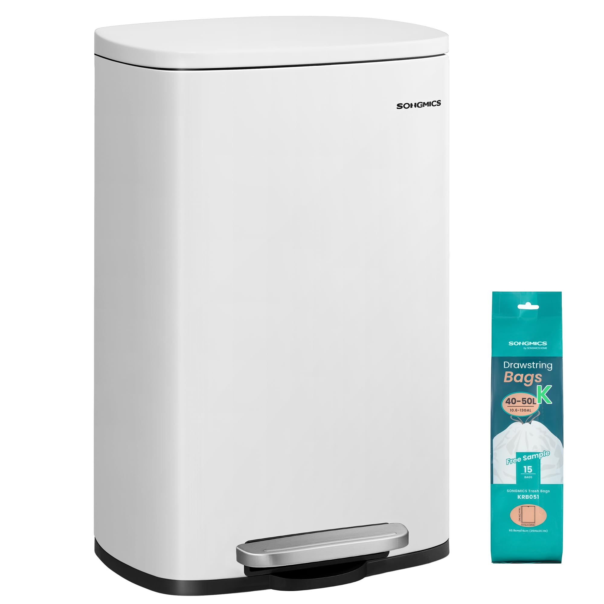 SONGMICS 13 Gallon (50 L) Trash Can, Stainless Steel, Step-On Pedal