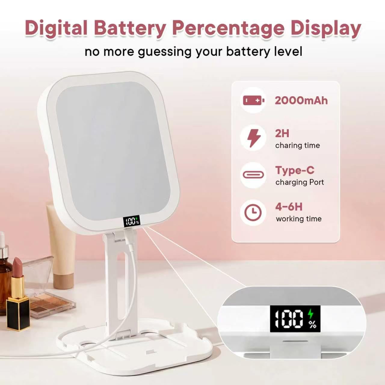 Specchio da viaggio per il trucco con luci, specchio ingranditore 10X/1X, angolo regolabile in altezza e display digitale di potenza, luce LED compatta dimmerabile ricaricabile a 3 colori