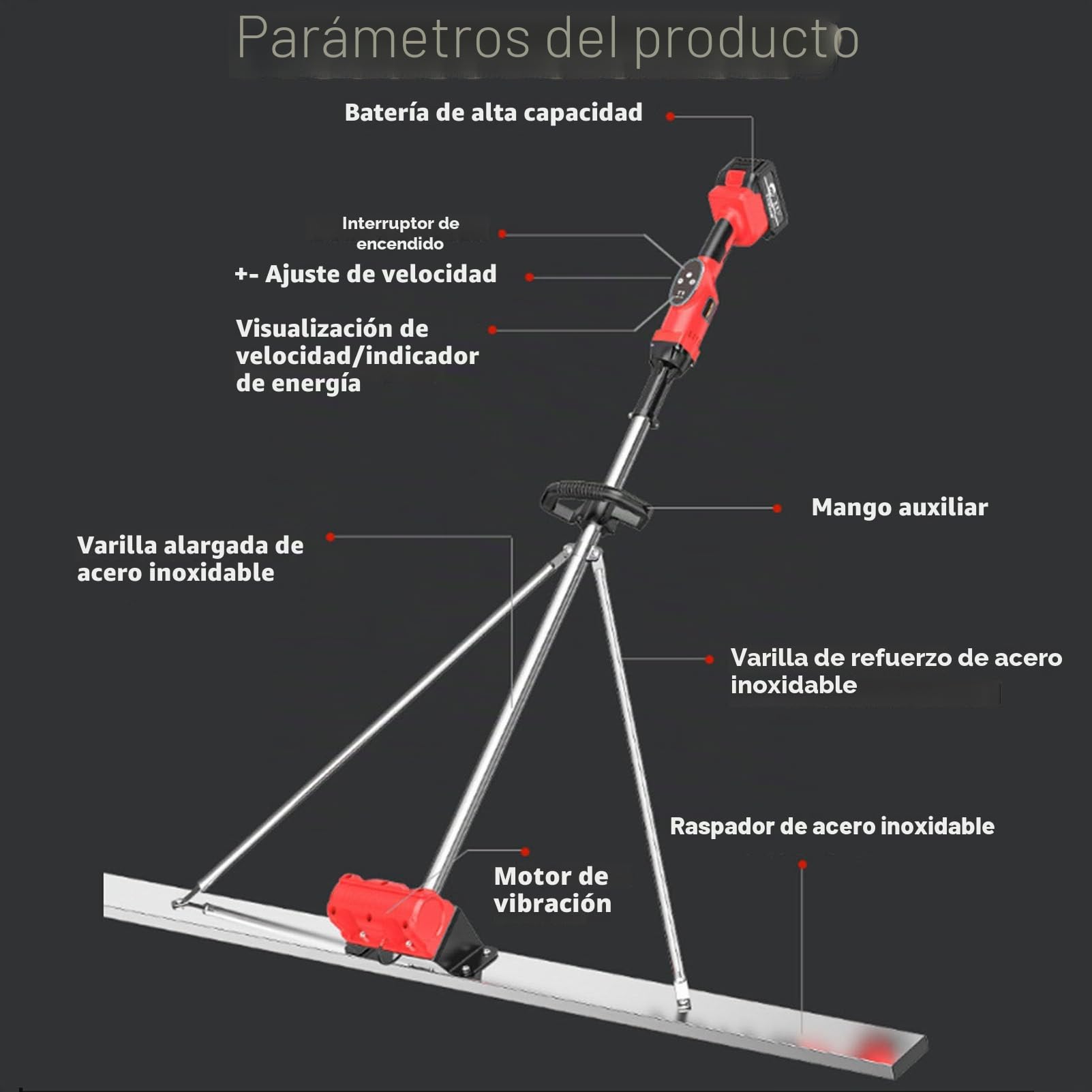 Kit Vibratorio de Regla de Hormigón Eléctrica, Regla de Nivelación de Superficie de Hormigón, Funciona con Batería, Regla alisadora de superficies de hormigón eléctrica inalámbrica ,1.5m-2Battery