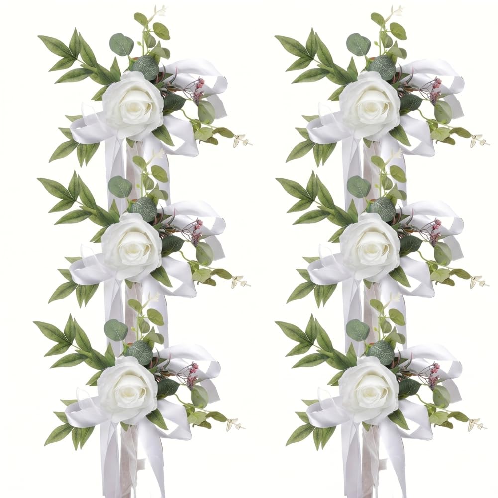 Ameble 6PCS 10x18 Inch Artificial Wedding Flowers Church Pew Decorations, Chair Back Floral Arrangements with Greenery & Ribbons, White Aisle Decor for Ceremony