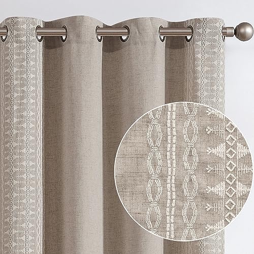 Image of jinchan Boho Curtains Linen Curtains Farmhouse Curtains for Bedroom Window Curtains 63 Inches Long 2 Panels Embroidered Geometry Grommet Window Treatment for Living Room Ivory on Taupe