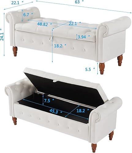 Miniatura 3 de Aoowow Banco de almacenamiento de 63 pulgadas para dormitorio, extremo de la cama, sofá otomano enrollado de tela de terciopelo armado, banco largo