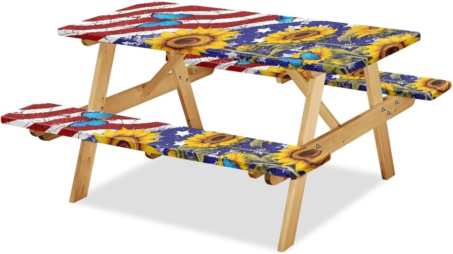 Sunflower Picnic Tablecloth Set USA Flag Camping Tablecloth for Picnic Table Patriotic Cover Waterproof Windproof Camping RV Gear Must Have 72x30 Inches 3 Pcs Set for 4Th of July