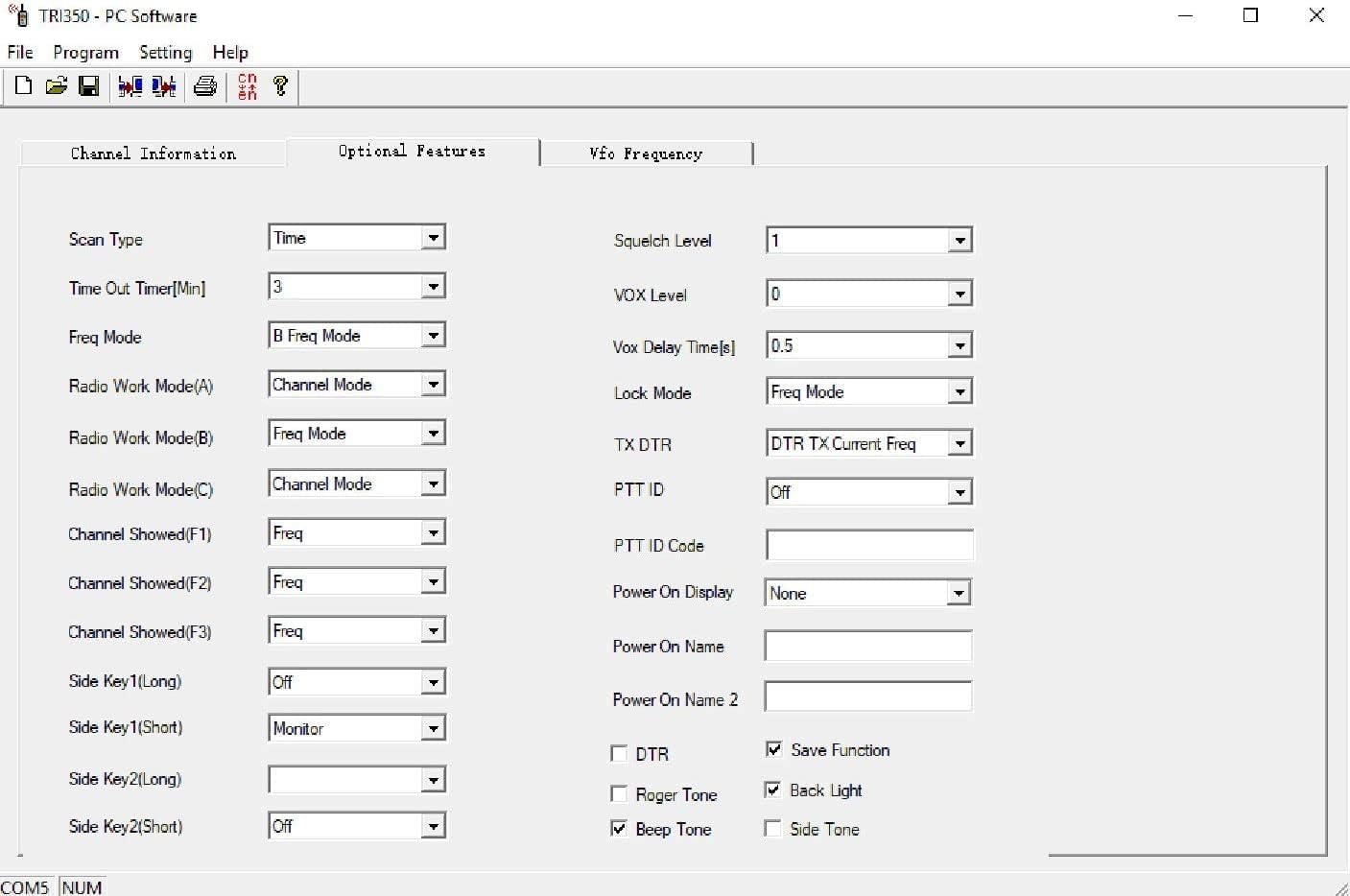 Screenshot of the TYT TH-350 PC programming software interface, showing 'Optional Features' tab with settings for Scan Type, Time Out, Freq Mode, Radio Work Mode, Channel Showed, Side Key functions, Squelch Level, VOX Level, VOX Delay Time, Lock Mode, TX DTR, PTT ID, Power On Display, Power On Name, Save Function, Roger Tone, Beep Tone, and Back Light.