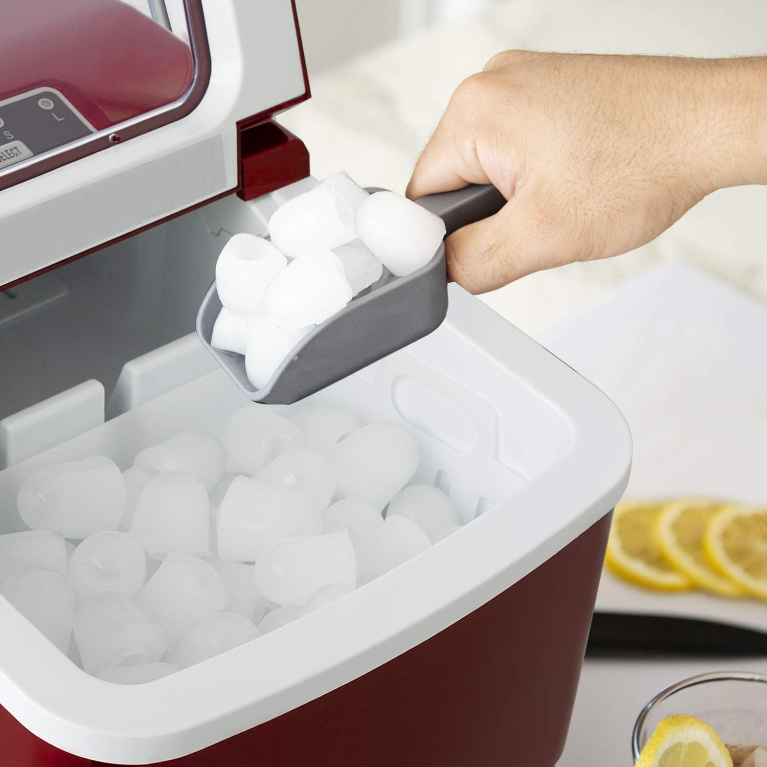 Countertop Ice Maker Portable Ice Making Machine -Bullet Ice Cubes Ready in 6 Mins - Makes 26 lbs Ice in 24 hrs - Perfect for Home/Office/Bar, LCD Display & Ice Scoop & Bucket(Red)