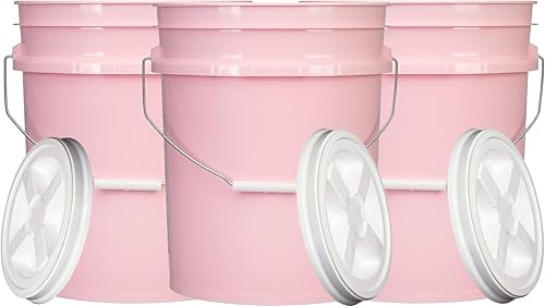 House Naturals 5 Gallon Pink Food Grade Plastic Storage Bucket with Lid Cover (Pack of 3) Made in USA (with White Screw On Air Tight Lids)