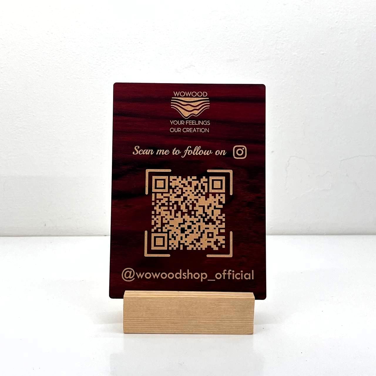 WOWOOD Personalized QR code stand wooden with Brand Logo I socialmedia username Payment Stand for shop counter | Table Sign for Salon Clothing Art Tattoo Shop (Red Mahogany)