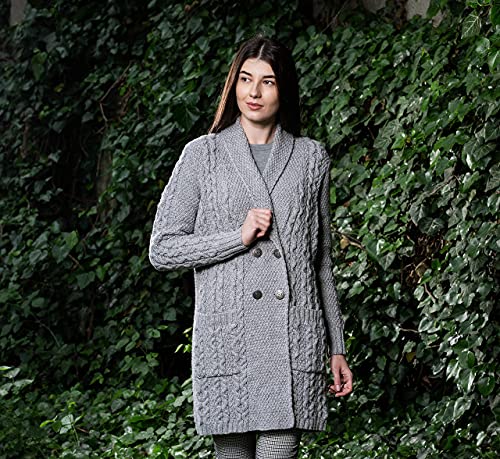 Image of SAOL 100% Irish Merino Wool Ladies Shawl Collar Cardigan Coat with Pockets (Grey, XX-Large)