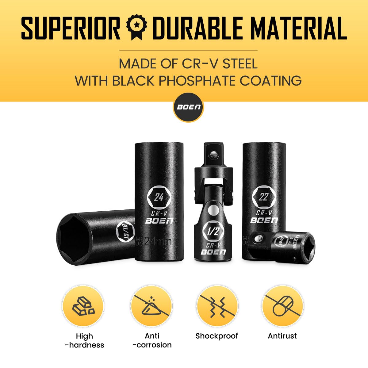 BOEN - Set di 35 pezzi da 1/2" a impatto profondo – SAE 3/8"-1-1/4" e metrico 8-24 mm, estensioni, guarnizione e adattatore, acciaio Cr-V, scatola a doppio blocco