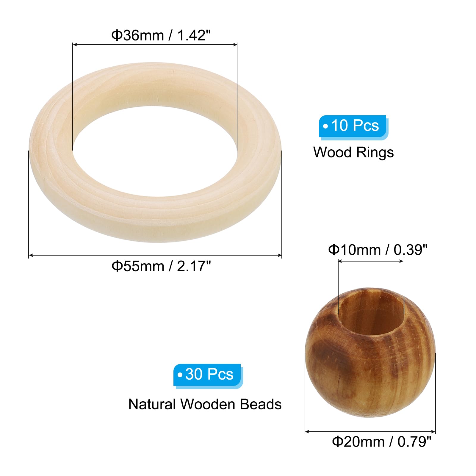 PATIKIL Natural Wood Rings and Unfinished Wooden Beads Set - Image 2