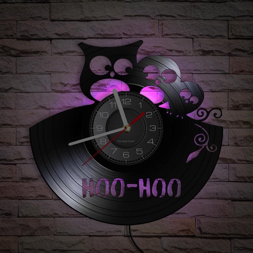 12'' Hoo Hoo Baby Owl LED Vinyl Record Wall Clock with 7 Colors Changing, Kid Room Nursery Decorative Animal Wall Decor Night Light Silent Quartz Non-ticking Wall Clock Watch Owl Lovers Gift