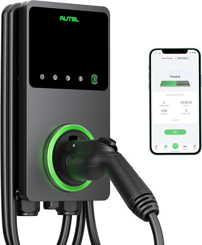 Autel Nivel 2 EV Cargador de vehículo eléctrico (EV) inteligente AI de 50 amperios, EVSE habilitado para Wi-Fi y Bluetooth, estación de carga para automóvil interior/exterior, con funda en el cuerpo y cable de 25 pies cableado