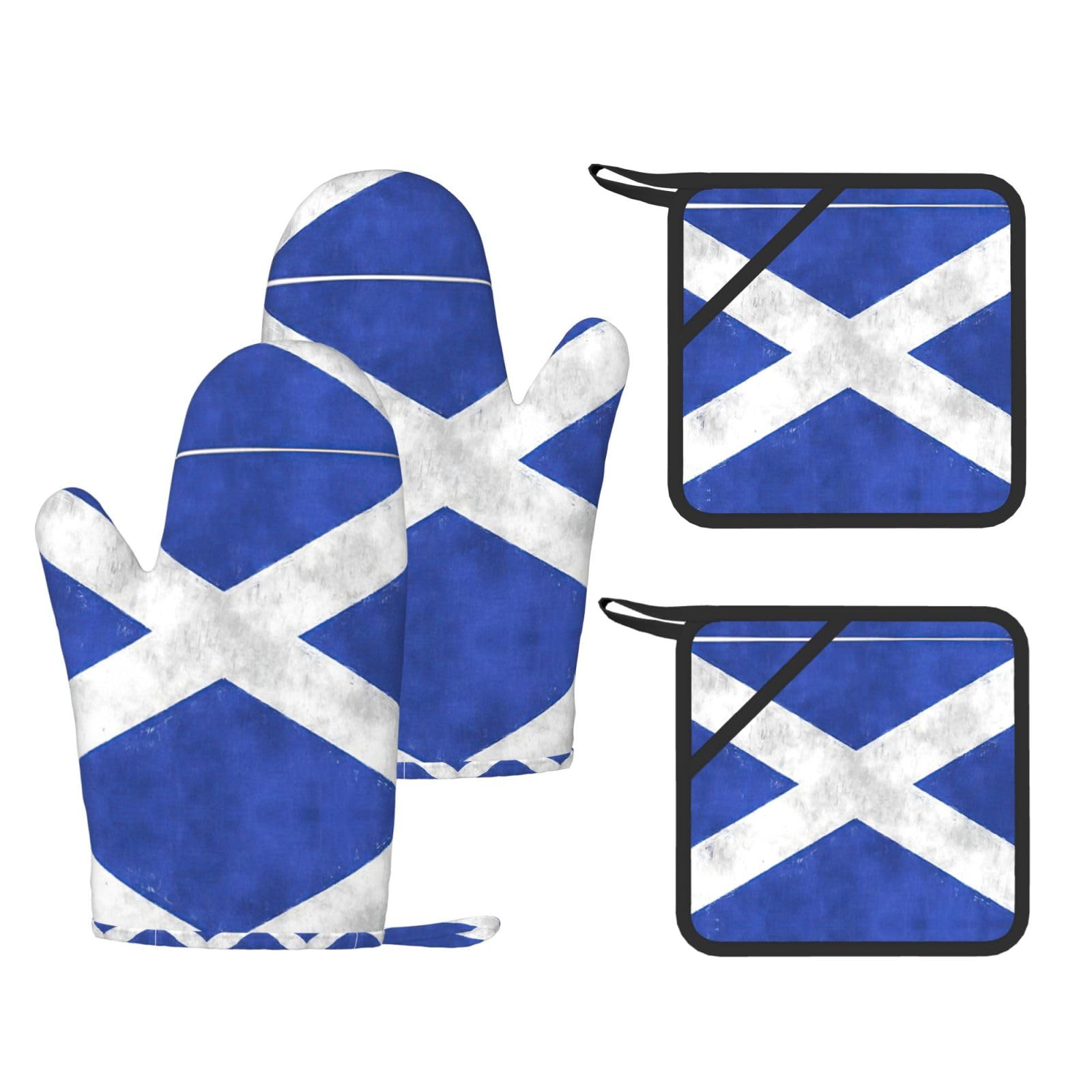 Scottish Printed Pot Holders and Oven Mitts 4-Piece, Non-Slip Kitchen Gloves with Utensil Pocket for BBQ