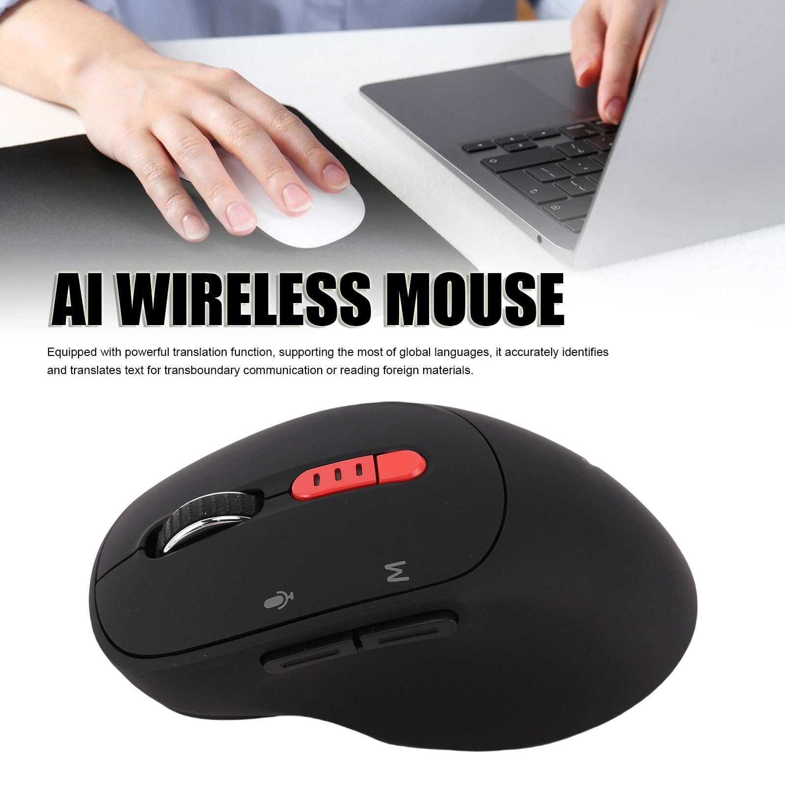 Bewinner M9 AI Sprachmaus für GPT, 6-in-1 Kabellose Maus mit Spracheingabe und Übersetzung, Leise, Ergonomische Bluetooth-Mäuse, Wiederaufladbar mit 3-Modus-Konnektivität für PC (Black)