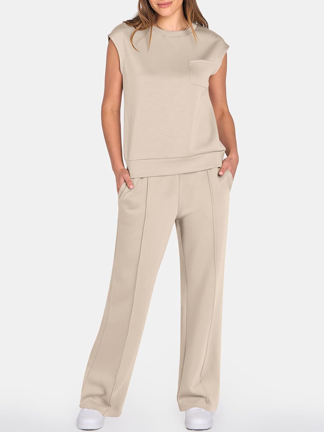 ANRABESS Two Piece Sets for Women 2026 Summer Travel Vacation Outfits Sleeveless Lounge Set Matching Wide Leg Pants Sweatsuit - Image 2