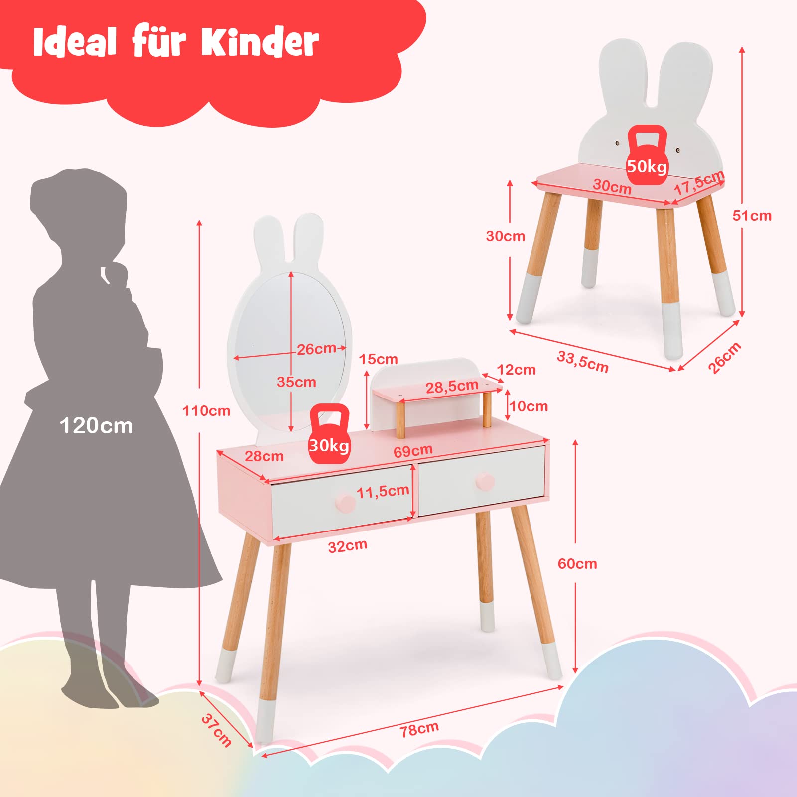 DREAMADE 2 in 1 Kinder Schminktisch mit Hocker und abnehmbarem Spiegel, Kinderschminktisch aus Holz, Prinzessin Frisiertisch Kosmetiktisch mit Schublade für Kinder Mädchen ab 3 Jahren (Weiß)