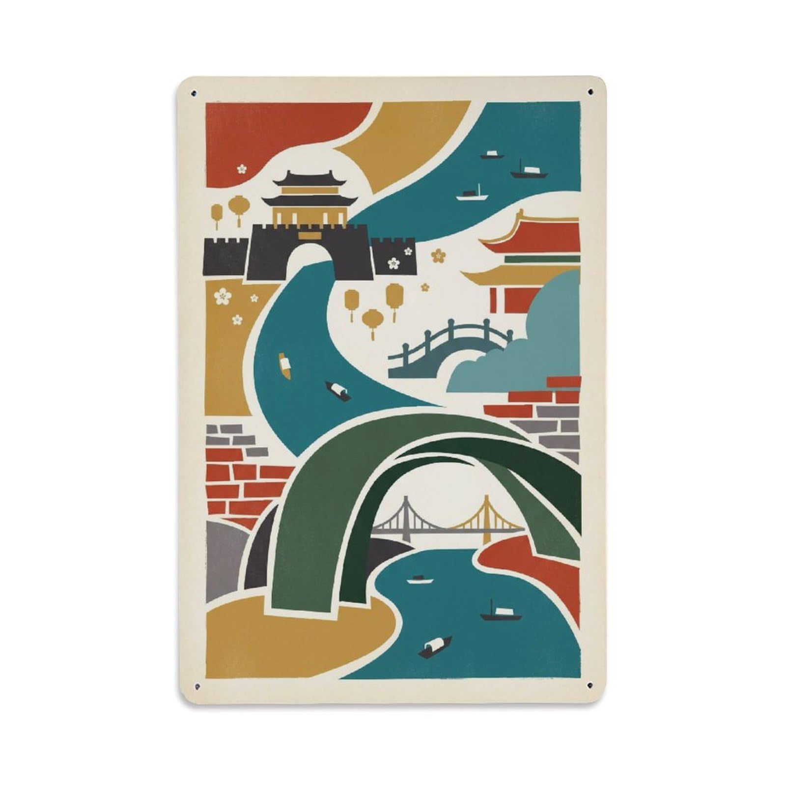 Okngb Style Nanjing Travel Vintage Urban Scenic Waterway Mosaic Metal Tin Sign Plaque Wall Decor For Cafe, Man Cave, Club Bar, Office, Home Garden Round Metal Poster 8X12inch
